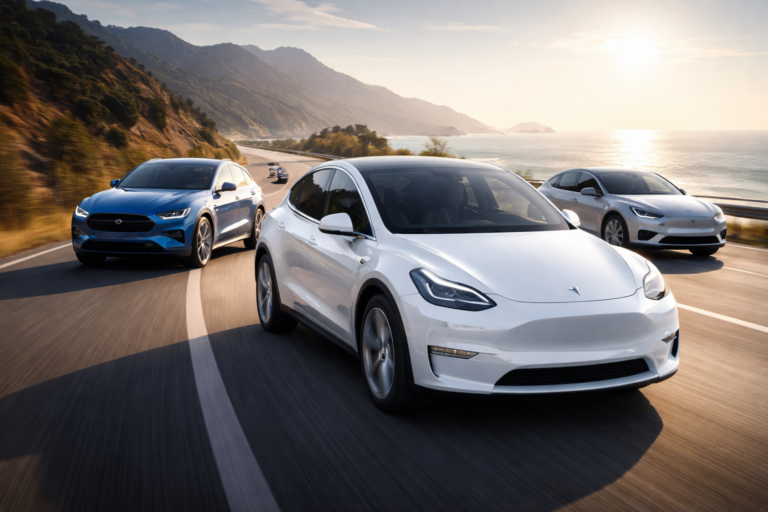 Selección de oches eléctricos de última generación circulando por carretera, representando los modelos más destacados del mercado en 2026.